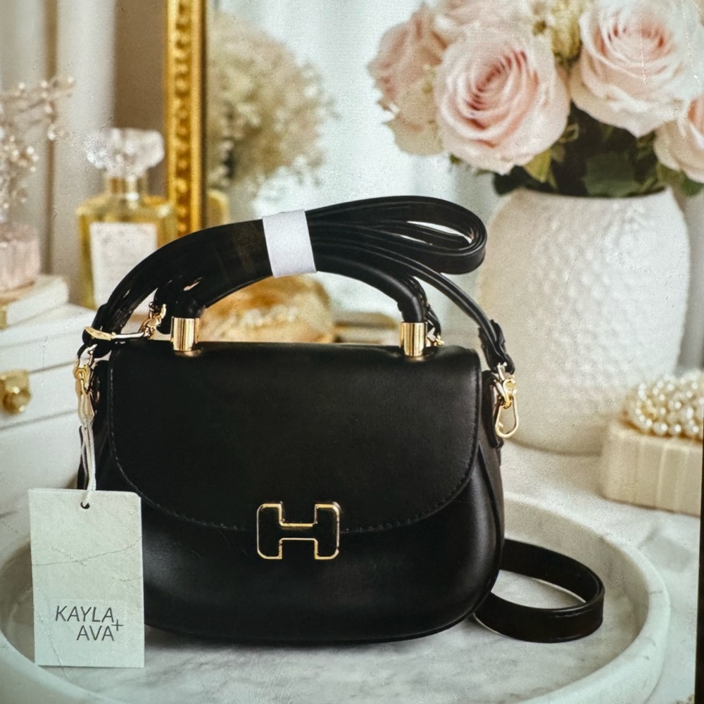 Black Leather Crossbody Bag with Gold Hardware